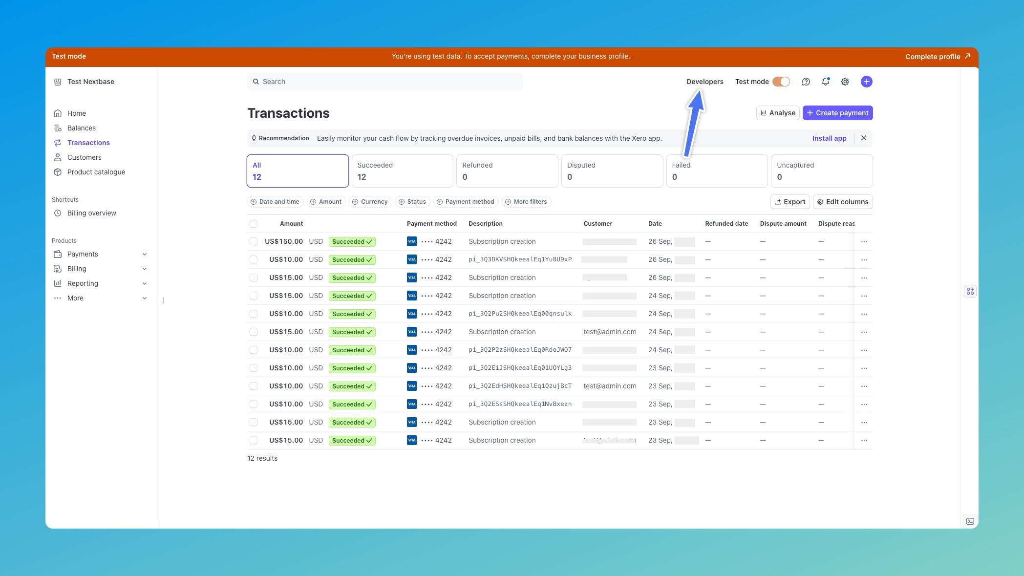 Stripe Developers Dashboard