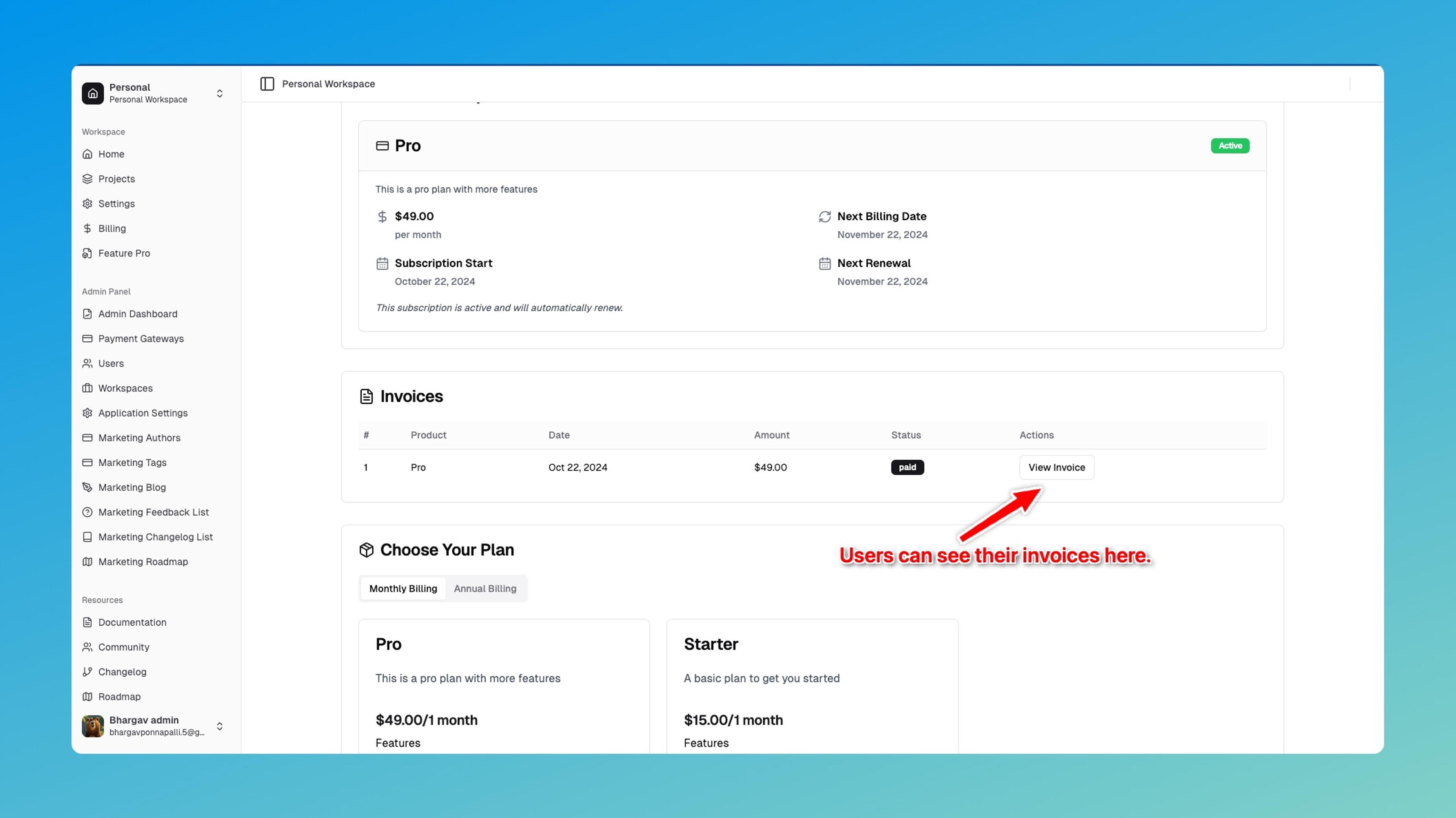 Workspace Invoices