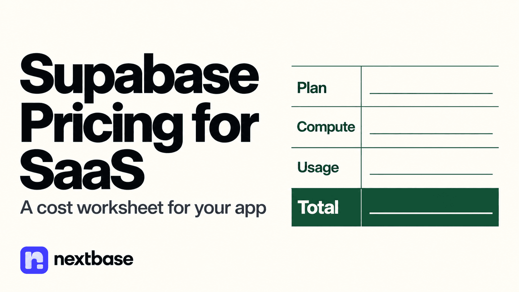 Supabase Pricing for SaaS headline beside a flat cost worksheet with Plan, Compute, Usage and Total rows, with the Nextbase logo.