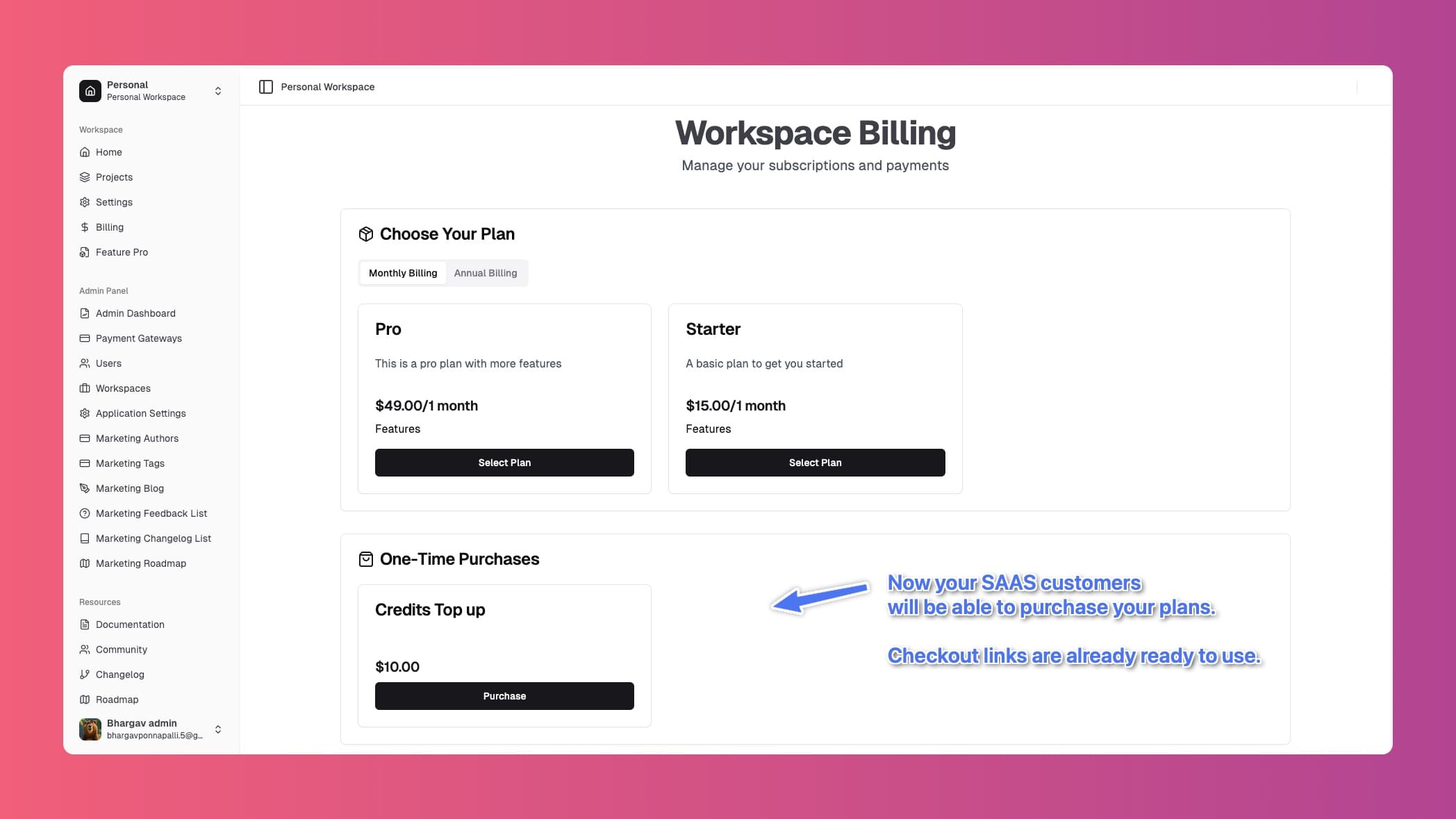 Workspace Billing Stripe Products Visible
